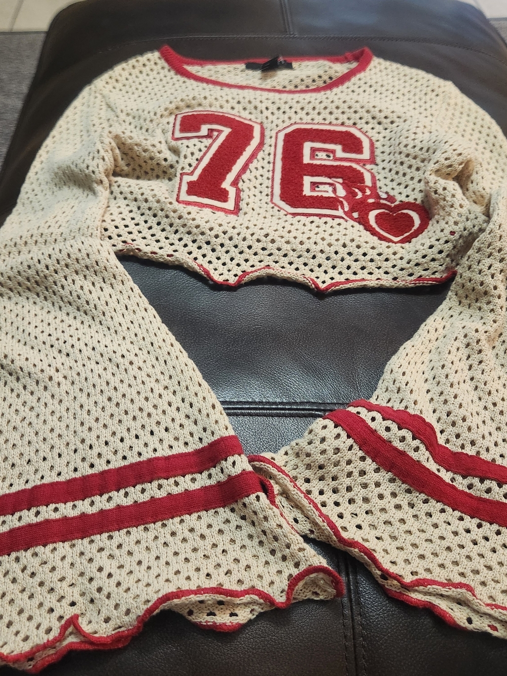Forever 21 cropped crochet sweater features a playful red '76' graphic Sm